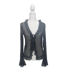 Liberty Love Black Lace Sheer Ruffle Tie‑Front Blouse L Romantic Gothic Feminine